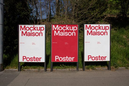 Three outdoor advertising poster mockups in a natural setting for designers to showcase billboard designs, suitable for print mockups category.
