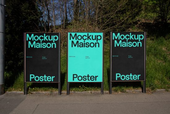 Three vertical billboard mockups side by side outdoors with clear sky and greenery, showcasing black and turquoise design templates for advertising.