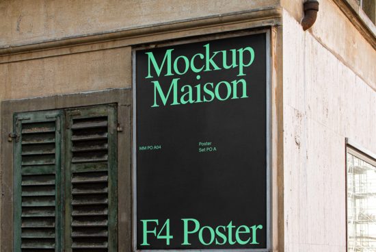 Urban poster mockup on building exterior for display advertising, featuring green typography design in a realistic setting, suitable for graphic designers.