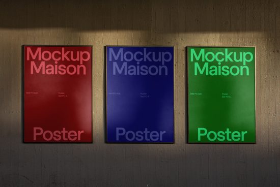 Three vertical poster mockups in red, blue, green with shadow overlay on concrete wall, suitable for design presentations.