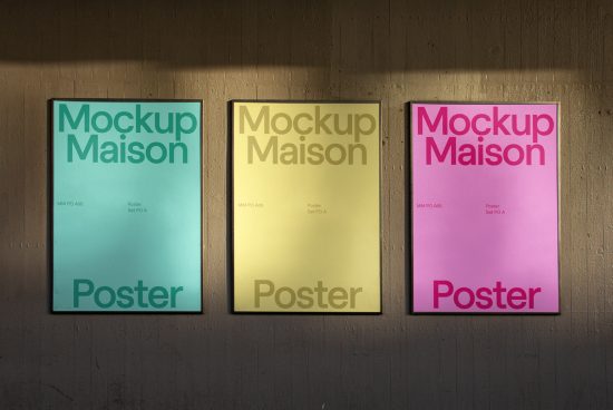 Three vertical poster mockups in cyan, yellow, and magenta colors with text on a wall, showcasing design presentation for graphic designers.