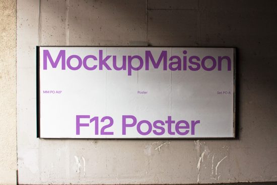 Urban poster mockup on a wall for showcasing design projects, with text MockupMaison F12 Poster, appealing to designers for presentations.