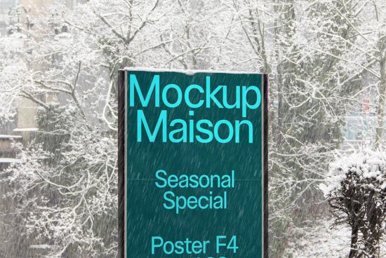Winter outdoor billboard mockup with falling snow, showcasing Seasonal Special Poster F4 design, ideal for advertising and marketing.