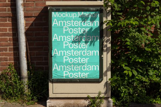 Outdoor poster mockup displaying repetitive 'Amsterdam Poster' text in urban setting, ideal for designers looking to showcase advertising graphics.