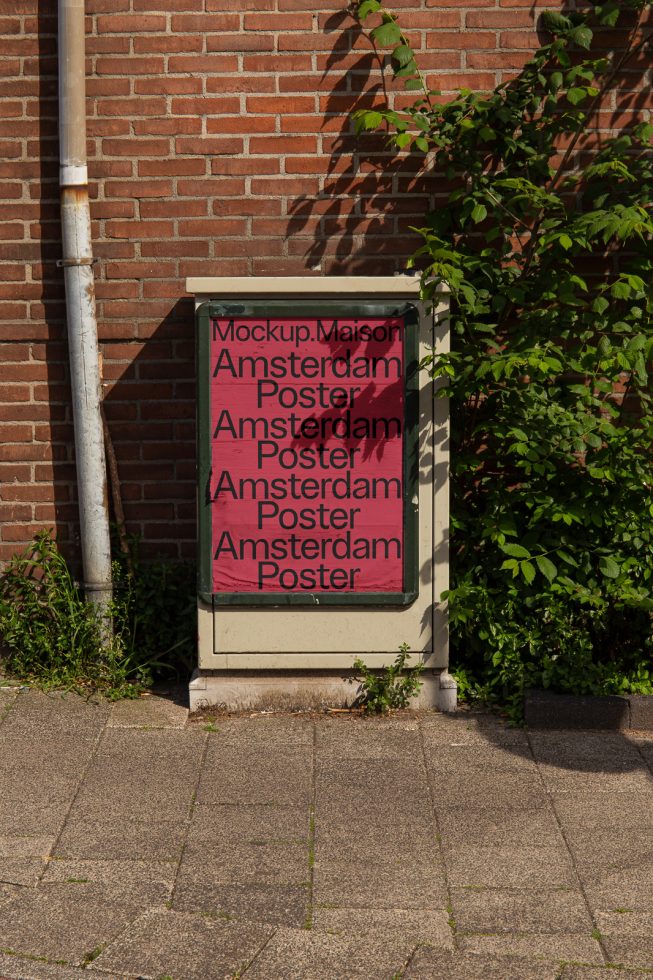 Urban outdoor poster mockup on a sunlit wall for digital assets marketplace, ideal for designers to showcase advertising and branding designs.