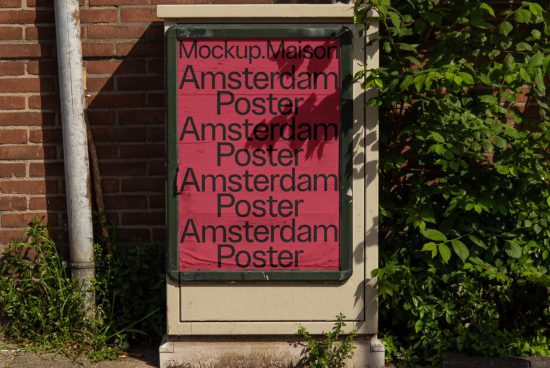 Urban poster mockup on outdoor billboard with repeated text "Amsterdam Poster" for graphic design and template showcase.