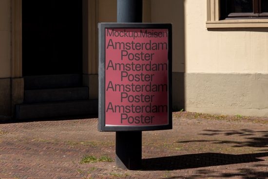 Sidewalk advertising board mockup with repeated text 'Amsterdam Poster', suitable for street marketing graphics display.
