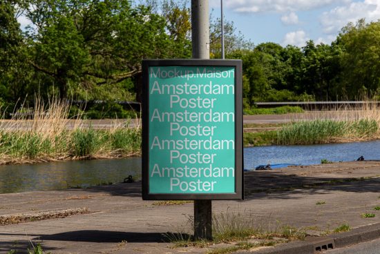Outdoor billboard mockup in natural setting displaying green poster with repeated text design, ideal for showcasing advertising designs.