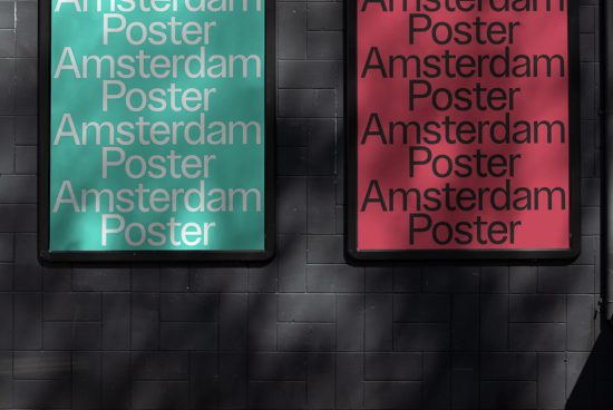 Urban poster mockups on wall, showcasing teal and red color variations to display design work, ideal for graphic designers and marketers.