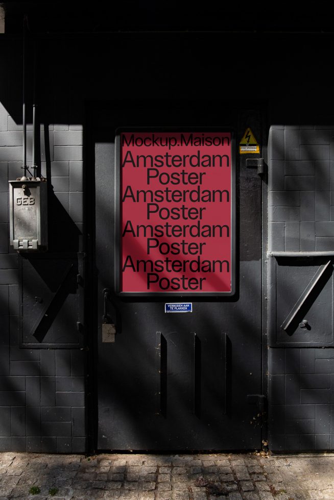 Urban poster mockup on a dark storefront door, showcasing modern font, perfect for designers to display graphic work.