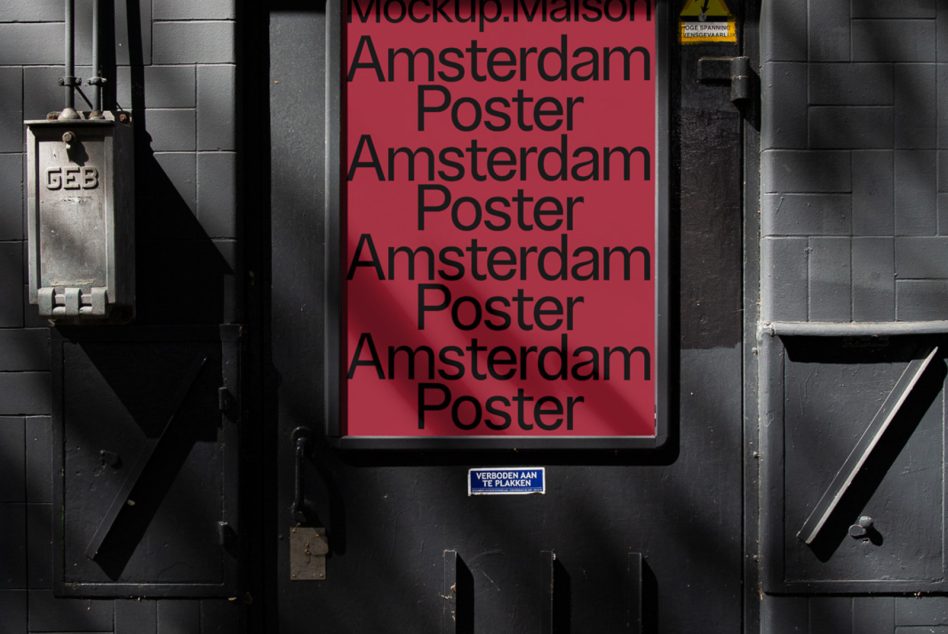 Urban poster mockup on a dark metal door for graphic designers to showcase advertising designs, with industrial textures and lighting.