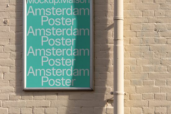 Mockup of vertical poster on brick wall with sunlight casting shadows, ideal for presenting designs and fonts to clients.