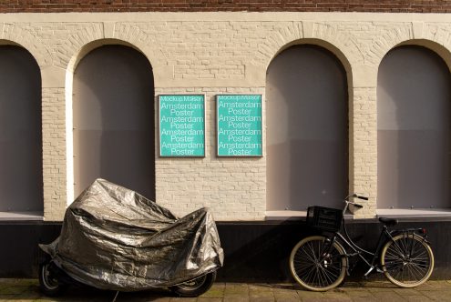 Urban poster mockup scene with posters on brick wall background, covered scooter and bicycle, ideal for graphic display and design projects.