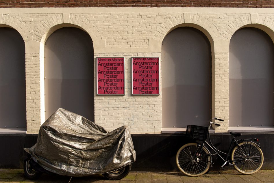 Urban poster mockup on brick wall with scooter and bicycle, ideal for realistic graphic display presentations in outdoor settings.