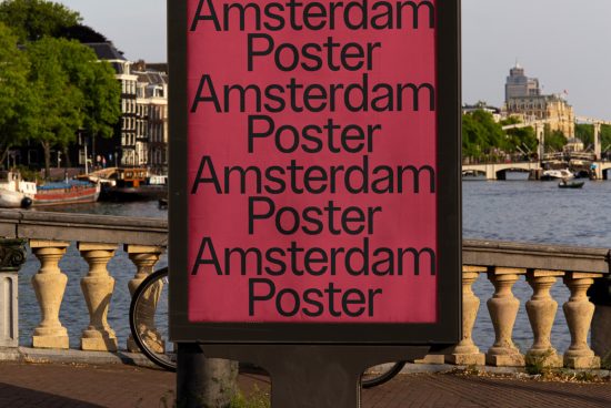 Outdoor poster mockup featuring bold typography design with Amsterdam text, by a canal, ideal for designers seeking urban graphic templates.