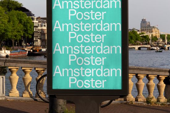 Outdoor advertisement mockup featuring repeated 'Amsterdam Poster' text on city light billboard with river backdrop for designers.