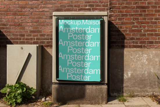 Outdoor poster mockup template displayed on a city street environment with brick wall background for graphic designers.