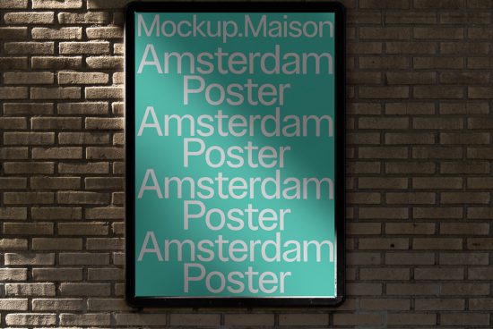 Outdoor poster mockup in urban setting against brick wall with modern typeface preview, ideal for showcase in Graphics category.