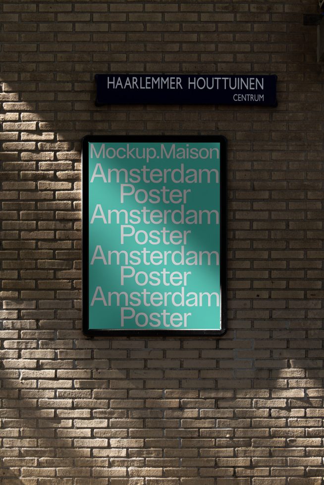 Urban poster mockup on brick wall with shadow play suitable for designers to showcase fonts and graphics in a realistic setting.