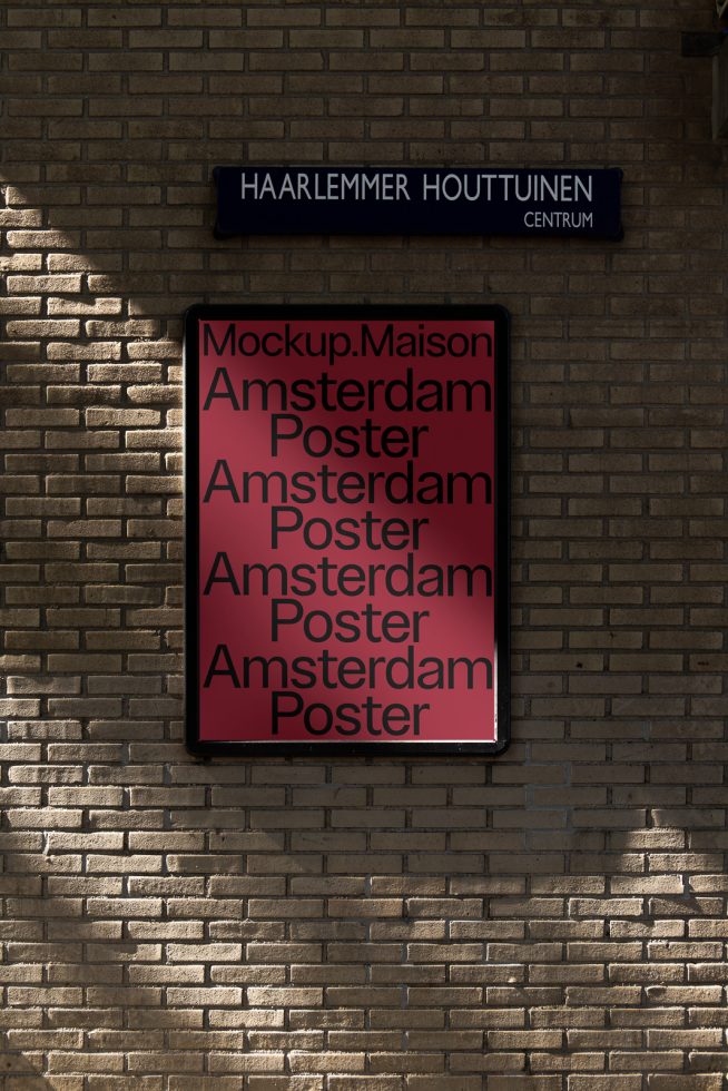 Urban poster mockup on brick wall in sunlight for design presentation, outdoor advertising mockup, graphic display, poster template.