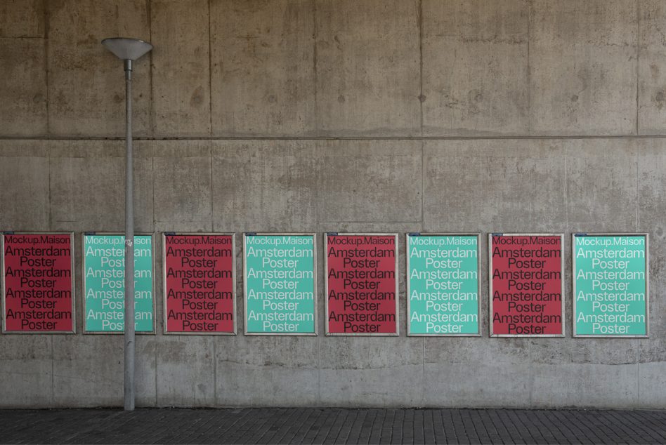 Urban poster mockup series on concrete wall with street lamp for display of design portfolio, realistic graphic templates for designers.