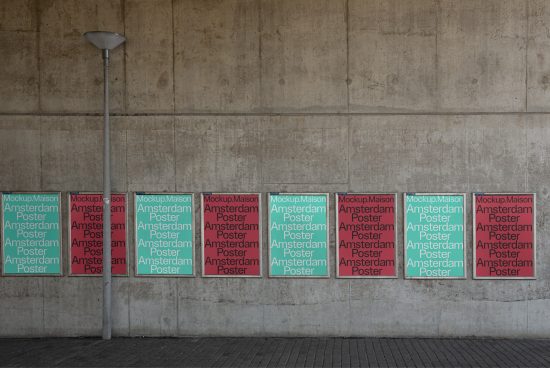 Urban poster mockup on concrete wall with street lamp, showcasing graphic design and typography for outdoor advertising display.