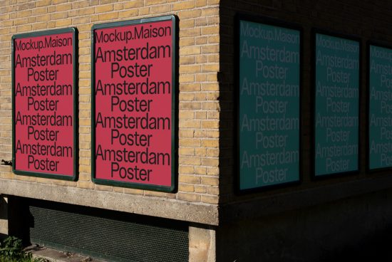 Outdoor poster mockup on brick wall for advertising design, displaying "Amsterdam Poster" in red and teal for graphic designers.
