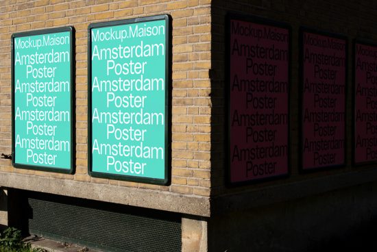 Four outdoor poster mockups on a brick wall displaying teal and magenta designs for graphic designers.