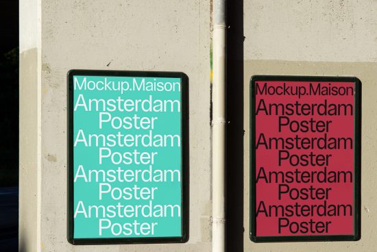 Outdoor poster mockups mounted on wall, showcasing repeated text design for graphic display, in urban setting, ideal for designers.