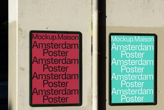 Two posters mounted on a wall with repeated text design, great for showcasing font and typography mockups for designers.