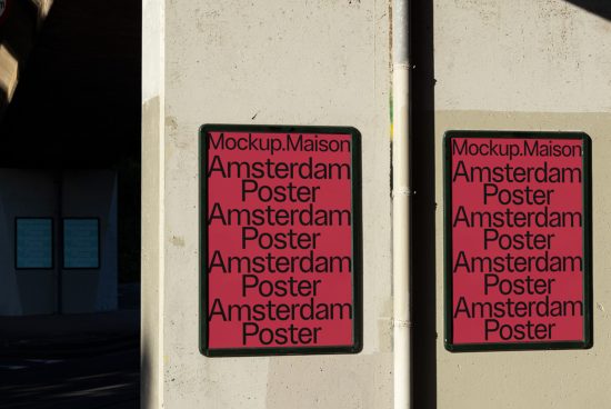 Poster mockup with text design on urban wall for graphic designers, showcasing repeated 'Amsterdam Poster' branding, ideal for templates and graphics.