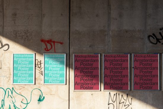 Urban poster mockups against concrete wall with graffiti, sunlight and shadow overlay, ideal for presentations and display designs.