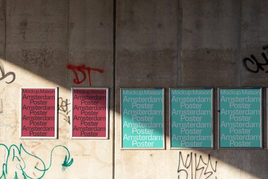 Urban poster mockup templates against concrete wall with graffiti, perfect for designers to showcase advertising designs.