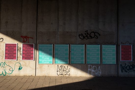 Urban poster mockup series on a graffiti wall with sunlight and shadow play, ideal assets for designers in the Templates category.