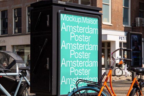 Outdoor advertising mockup featuring a poster on an urban street info box with bicycles in the foreground, suitable for designers creating mockups.