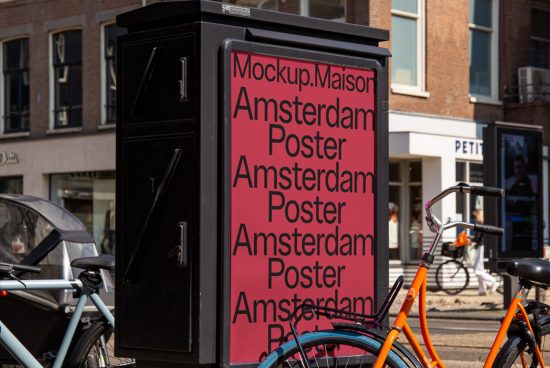 Urban outdoor poster mockup display with repeating text design, street view, bicycles in foreground, ideal for presenting advertising graphics.