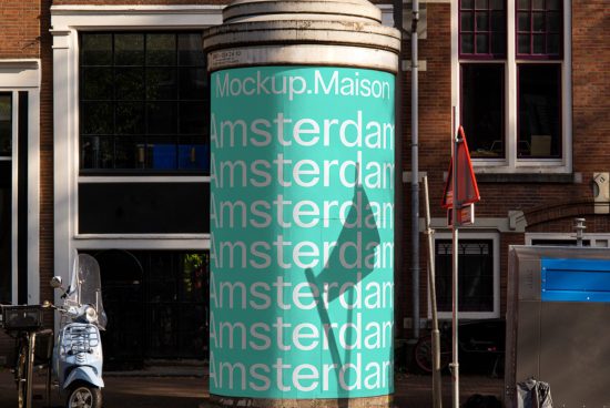 Urban billboard mockup featuring multiple repeated text 'Amsterdam' in various shades, showcased in an outdoor setting for advertising design.