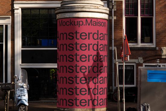 Outdoor advertising column mockup with repeating 'Amsterdam' text, showcasing urban mockup templates for graphic designers.