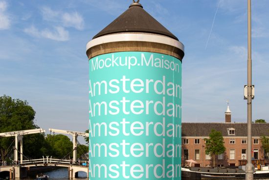 Outdoor mockup display on urban tower, with clear sky, featuring typography design for SEO, ideal for presenting branding in marketplace.