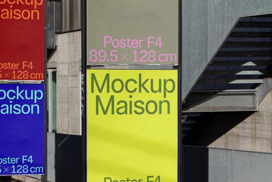 Urban outdoor poster mockup display for advertising design, dimensions 89.5 x 128 cm, visible concrete and metal stairs, clear text.