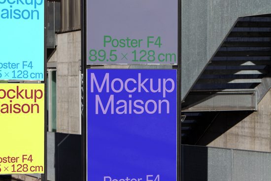 Urban billboard mockups displayed outdoors near stairs for realistic advertising design presentations.