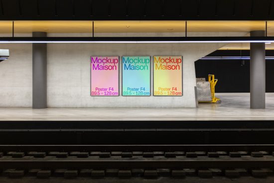 Subway station poster mockups on wall displaying three colorful urban designs, ideal for presenting graphics and advertisements.