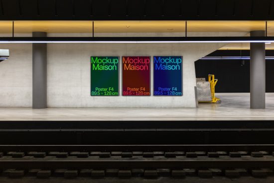 Modern poster mockups displayed in a subway station setting, showing colorful advertising potential, ideal for designers creating urban graphics.