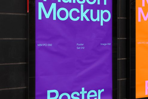 Urban street poster mockups in a display case with bold purple and orange design, for graphic presentation and advertising layouts.