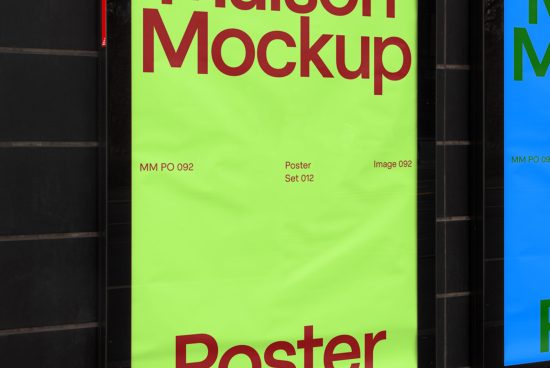 Bright neon green poster mockup on a city street display for design preview, showcasing bold typography, ideal for graphic design assets.