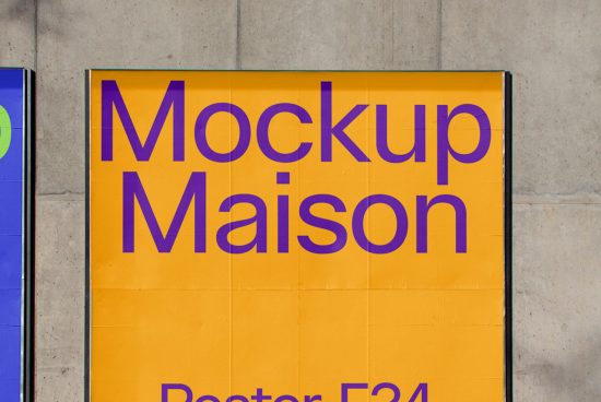 Yellow signage mockup with bold purple text 'Mockup Maison' for designers, ideal for presenting branding projects in a realistic setting.