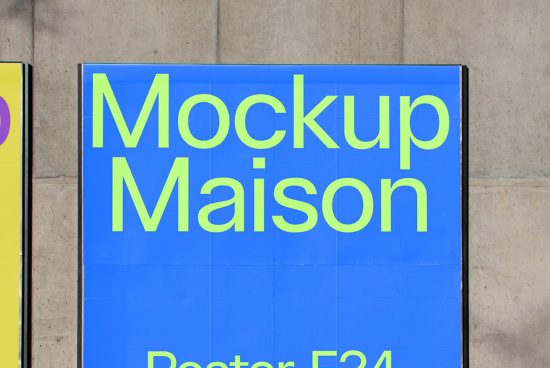 Blue sign with yellow text displaying Mockup Maison for advertising design showcase, suitable for graphic template category.