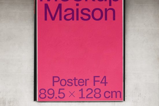 Bold pink poster mockup with sleek typography design, labeled Poster F4 on a grey concrete wall, dimensions 89.5 x 128 cm, graphic design.