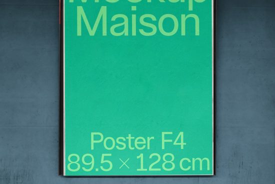 Minimalist poster mockup F4 size 89.5x128 cm displayed on a dark textured wall for design presentation.