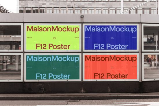 Colorful outdoor billboard mockup for urban poster design display, featuring MaisonMockup and F12 Poster text in vivid colors.